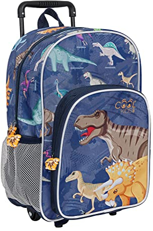 PERLETTI Kinder Rucksack Blau für Kindergarten Jungen 3 4 5 6 Jahre - Kinderrucksack mit Abnehmbaren Rädern für Kleinkinder - Pirat Dinosaurier Rollrucksack mit Reflektierenden Details (Dinosaurier)