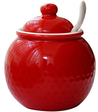 Pot en céramique, sucrier macaron européen avec couvercle et cuillère, boîtes à sucre en céramique de 250 ml/8,8 oz, pot à sucre coloré, pot à épices en porcelaine-rouge-pots d'assaisonnement de 250 m
