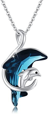 OHAYOO Collier avec pendentif dauphin en argent 925 sterling avec cristal bleu - Collier animal dauphin - Bijoux dauphin - Cadeau de Noël pour femmes, 30 x 17,5 mm (1,18 x 0,68 Zoll), Argent sterling