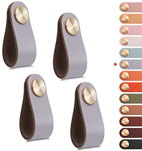 LEREATI 4 Stück Ledergriffe für Möbel, Schrankgriffe Grau Möbelgriffe Schubladengriff, Modernen Möbelknöpfe Schrank Griffe für Küchenschränke, Schränke, Tür, Wohnkultur (Einzelloch)