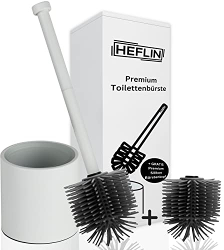 HEFLIN Toilettenbürste Weiss Silikon - WC-Bürste aus Silikon inkl. Ersatzbürste - Hochwertige Klobürste inkl. pulverbeschichteten Edelstahl Behälter mit Glas Einsatz