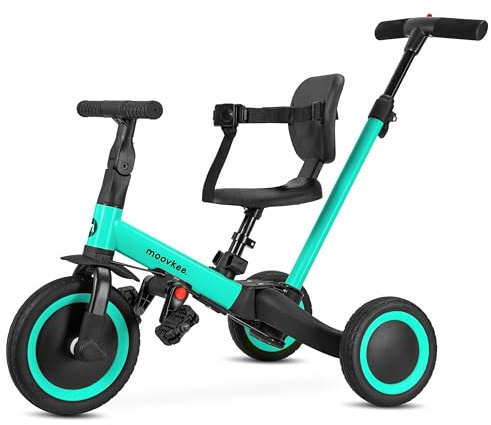 moovkee. Triciclo Bambini Evolutivo 6 in 1 - Bicicletta Bambini da 1 a 5 Anni - Triciclo per Bambini fino 25 kg con Cintura, Sella Regolabile, con o Senza Pedali - Triciclo con Maniglione