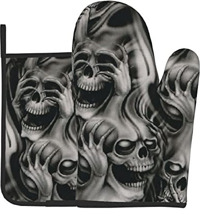 Hitzebeständige Ofenhandschuhe und Topflappen, 2er-Set – Cool Evil Skull bedruckte Küche rutschfeste wasserdichte Ofenhandschuhe zum Backen Kochen Grillen