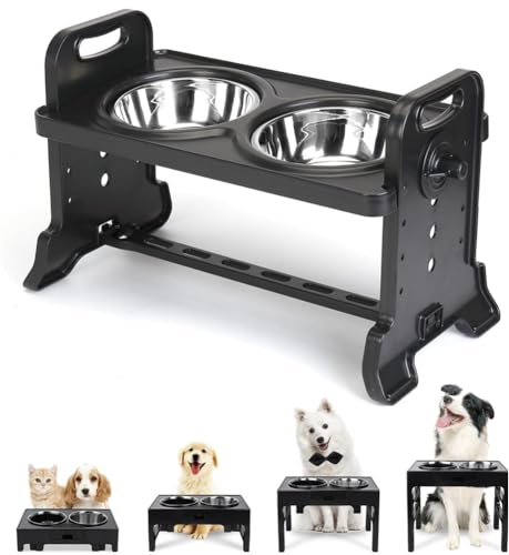 Nicoone Raised Dog Bowl,4 Higher Heights Adjustable Stand Pet Bowl,Raised Dog Feeding Station with Food Bowls for Small Medium Large Dogs Cats