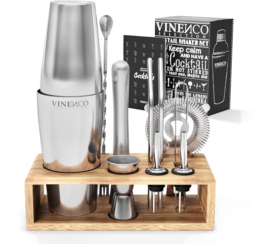 Cocktail Shaker Set Boston mit Ständer & Rezeptbuch: Premium Edelstahl Bar Cocktailset Cocktailshaker Messbecher Strohhalme Barlöffel Stößel | Barkeeper Barset Cocktail-Zubehör Geschenk Frauen Männer