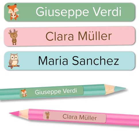 Namensaufkleber Kinder Schule für Schulsachen und Gegenstände (120 Stück) - Wasserfeste Namensschilder - Kita und Schule (Waldtiere)