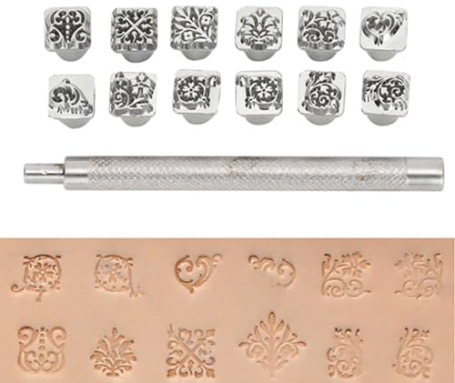 Juego de Herramientas de Estampado de Cuero, 12 Piezas, Punzones de Sellos Metálicos con Mango para Artesanía