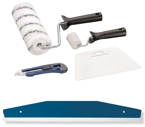 BODENMEISTER Tapezierset Vliestapete Tapezierwerkzeug Schneidehilfe, Kleisterroller, Nahtroller, Cutter, 5-teilig, blau