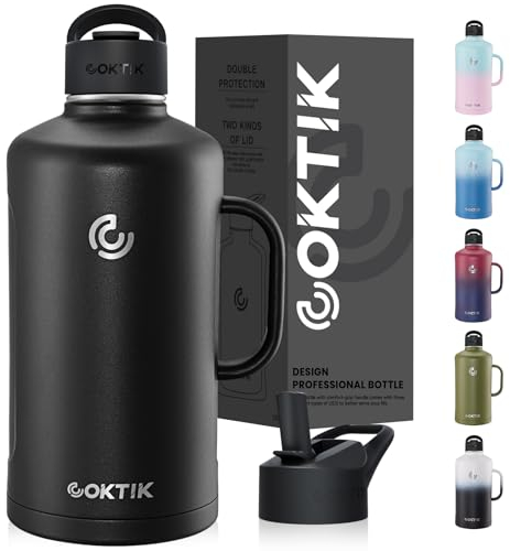 COKTIK Vacumm - Botella de agua de 128 onzas con asa, jarra de agua aislada de acero inoxidable de un galón con 2 tapas reutilizables para deportes, fitness u oficina (color negro)