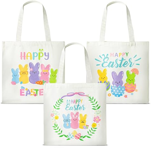 EFenegabos Oster Jutebeutel Bedruckt, 3 Stück Happy Easter Stoffbeutel Bedruckt Osterhase Canvas Stoff Tragetasche mit Lange Henkel Einkaufsbeutel Zubehör Einkaufstasche für Eiersuche Party