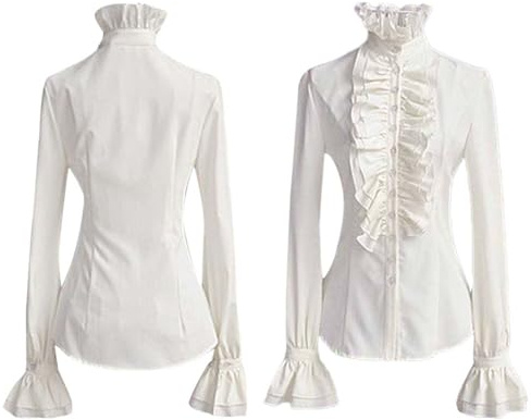 KBOPLEMQ Camicetta da donna vittoriana bianca nera top pirata camicia a maniche lunghe vintage con fiocco, colletto alto con volant, a maniche lunghe medievali, con scollo alto, abbottonatura, O