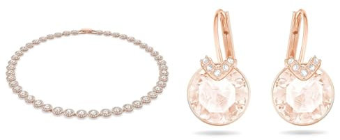 Swarovski Collana Angelic, Rotondo, Bianco, Placcato color oro Rosa & Orecchini pendenti Bella V, Taglio tondo, Tono dorato, Placcato color oro rosa