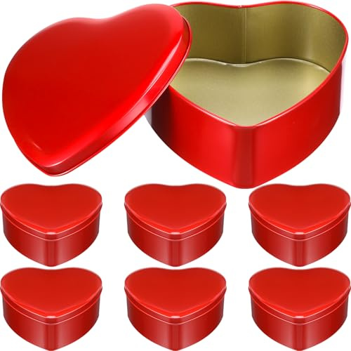 Blulu 6 Pcs Valentine's Day Heart Shaped Metal Tins with Lids 4.72 x 4.33 Valentine Candy Boxes Biscuits Jar Empty Jar Heart Metal Container for Valentines Gift Party Favors (Red)