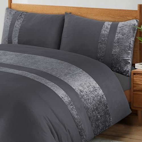 ZZZMRH Luxury Crushed Velvet Double Duvet Set with 2 Pillow Cases Double Bed Duvet Cover Set – Grey Color Crush Velvet Panel Band Duvet Cover Double