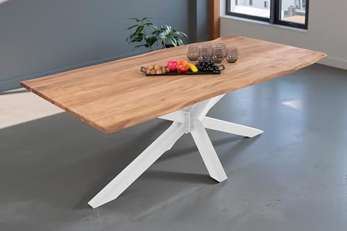 SAM Baumkantentisch 200 x 100 cm Dana, massiver Esstisch Eiche, Esszimmertisch mit weißem Spider-Gestell aus Metall, echte Baumkante, pflegeleichter Holztisch