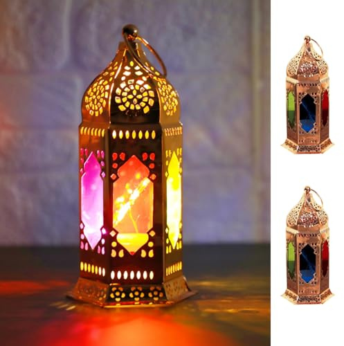 Confezione da 2 lanterne a LED in stile marocchino, alimentate a batteria, piccole lampade tealight con pannelli in vetro trasparente, lanterna da appendere per interni da 17,8 cm, lampada decorativa