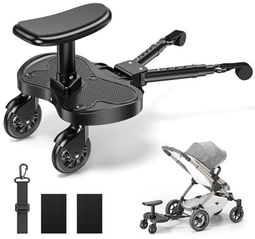 BugyKido Buggy Board für Alle Kinderwagen, Trittbrett für Kinderwagen Universal für Kinder von 2-6 Jahren(25KG), Kiddy Board mit Sitz, Mitfahrbrett Kinderwagen Universal (Schwarz)