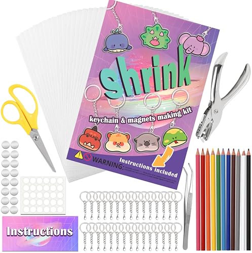 Vicentorra Shrinky Dink Sheets Keychain & Magnets Making Kit, Shrink Art Kit with 16 Plastic Sheets, Hole Punch, Pencils, Magnets, Tweezers, Keychains, Scissors, Paper Craft Kits