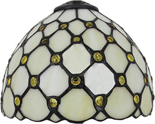 Tiffany Lampenschirm Ersatz für Tischlampe, Pendelleuchte, Deckenlampe, Schreibtischlampe, 20 cm Breiter Buntglas-Lampenschirm mit Bernsteinperlen (Beige)