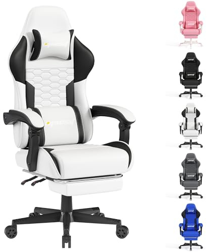 Gaming-Stuhl,Computer-Gaming-Stühle mit Fußstütze,verstellbaren Armlehnen und Lendenwirbelstütze, ergonomischer Bürostuhl mit hoher Rückenlehne für Erwachsene,großer und hoher Schreibtischstuhl,weißes