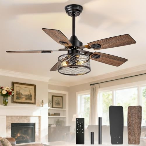 Depuley 42-Inch Ceiling Fans with Lights: Caged Ceiling Fans Dual Finish 5 Blades - Rustic Ceiling Fan with Remote Control for Industrial Living Room Outdoor Patio (E27 Bulb Included)