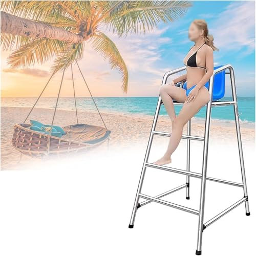 SAFWELAU Hoher Hocker Poolleiter Edelstahl Wasserpark/Patio/Deck/Schwimmbad Rettungsleiter mit Sitz/Haken/Sonnenschirm Loch, Edelstahl Lebensretter Beobachtungshocker(150cm/59in/4.9ft Tall)