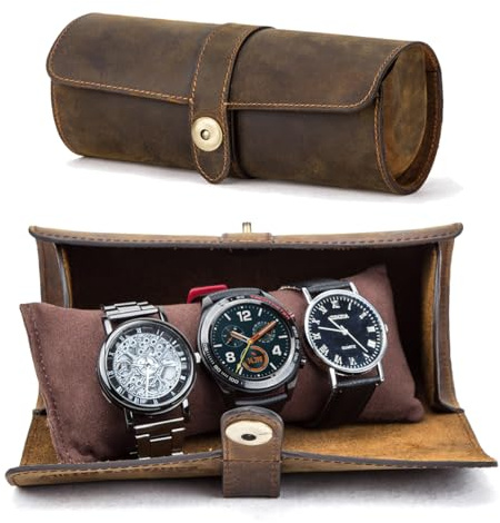 CONTACTS Crazy Horse Leather Travel Watch Case for Men 3 Watch Organizer Vintage Watches Roll for Watches and Bracelets Portable Watch Holder