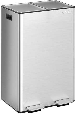 mVm Kitchen Bin,60L Dual Rubbish Bin,2 x 30L Stainless Steel Pedal Bin,Double Recycling Bin with Soft-Close Lids and Plastic Inner Buckets,Fingerprint Proof,Odour Seal,Large Capacity Trash Can