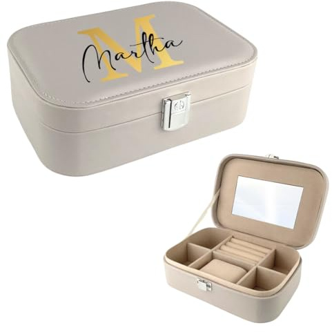 AWASG Schmuckkästchen personalisiert klein, Schmuckbox Reise Damen Mädchen, Schmuckschatulle Buchstabe Name mit Spiegel grau M (20 x 13,5 x 6,5 cm)