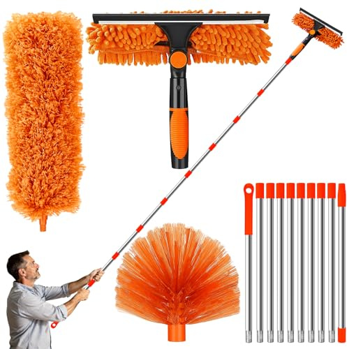 DESPOINA Plumeau Télescopique Extension RéGlable 6m, Poussiere Plumeau Chenille Lavable Microfibre, Balai Toile d'Araignée, Raclette de Fenêtre, Plumeau Poussiere Telescopique pour Plafonds (Orange)