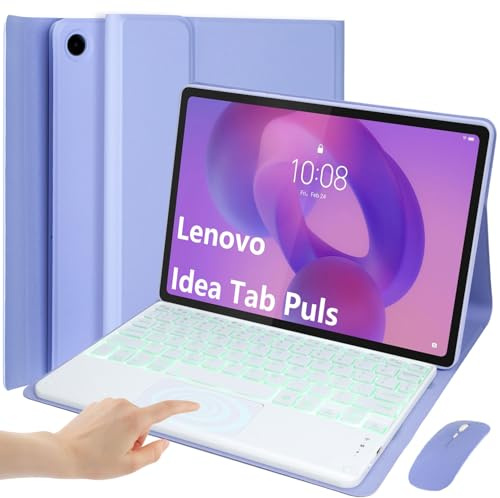 EHLCYS Funda con Teclado para Lenovo Idea Tab Plus 12,1 Pulgadas/Tab K12 2025 (TB361ZU/TB361FU), Español Ñ Teclado con Panel Táctil Extraíble Y Retroiluminado 7 Colores con Ratón,Púrpura
