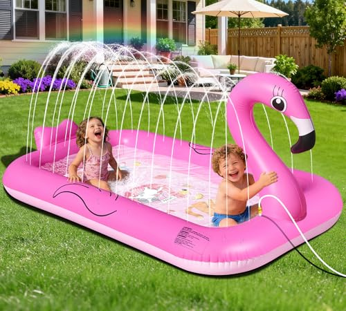 KingSom Splash Pad für Kinder,Flamingo Wassersprinkler Matte mit Antirutschfunktion,Verdickte Wasserspielzeug Kinder Outdoor Wasserspielmatte,Aufblasbares Garten Pool Spielzeug Sprinkler mit Brunnen
