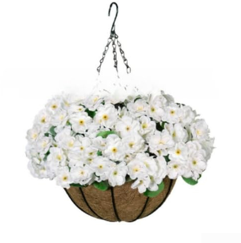 YobiLife Realistische künstliche Blumen, Geranien-Hängekorb-Dekoration mit UV-beständigem Kunststoffmaterial, geeignet für den Innen- und Außenbereich, 45,2 x 20 cm (weiß)