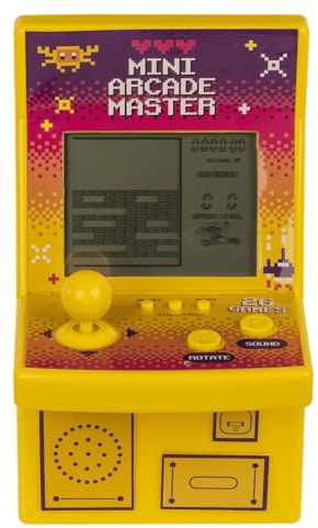 Mini Arcade Master Console Portatile con 26 Giochi, 99 Livelli, 9 x 15 cm, Alimentazione 2 Batterie AA, Colori Assortiti, Confezione Regalo (giallo)