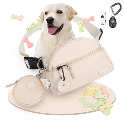 WINPAWS Leckerlitasche für Hunde, Wasserfester Leckerlibeutel und Training-Clicker, Gassi Tasche für Welpen Zubehör integriertem Kotbeutelspender — Futterbeutel Hundetraining & Spaziergänge (Beige)