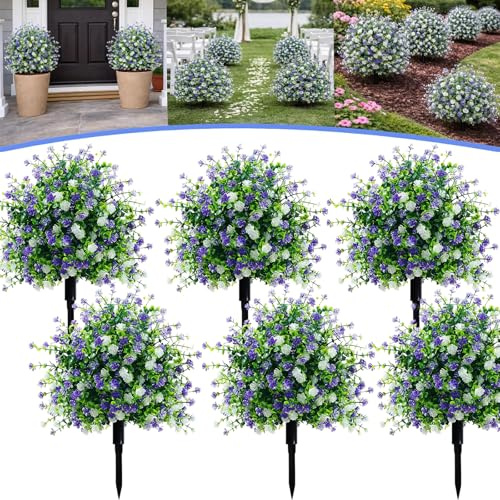 Artificial Potted Trees with Ground Stakes, UV Resistant Faux Camellia Shrubs, Realistic Fake Bushes & Outdoor Artificial Plants Decor for Garden, Front Porch, Yard and Patio (6 PCS)