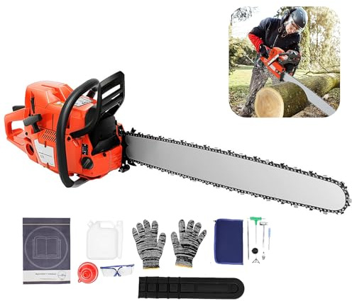 HUOMMGS 71CC Kettensäge Benzin 2 Takt Motor 3,9KW Motorsäge Benzin Upgrade Kettensägen mit 85cm Schwertlänge, Selbstrückstellender Seilzugstarter Baumpflegesäge mit Handschuhe, Schutzbrille