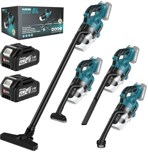blayram Aspiradora con batería compatible con Makita 18 V, 16000 Pa 4 en 1, aspiradora de mano con 2 x 4,0 Ah, 4 cabezales de cepillo para alfombras, suelos duros, muebles, coche