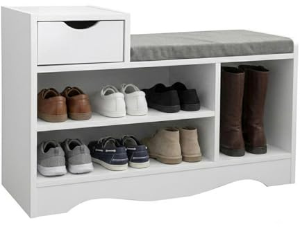 mymai Schuhbank mit Sitzfläche, Sitzbank mit Stauraum, gepolstert, 3 offene Fächer und 1 Schublade, kann Stiefel aufbewahren, Schuhregal für Wohnzimmer, Flur, 80 x 30 x 52 cm (Weiß)