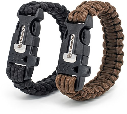 Steinbock7 Hochkönig 3-in-1 Paracord-Armband 2er Set in schwarz & braun- im Verschluss integriert: Pfeife, Feuerstein & Messer, E-Book zum Flechten - Camping, Outdoor, Wildnis