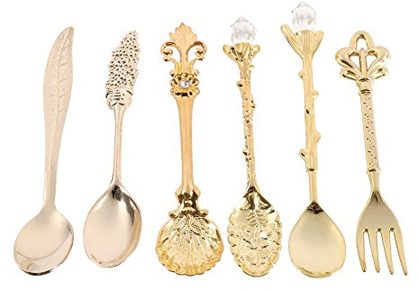 Yosoo 6Pcs Retro Vintage Style Zinc Alloy Carved Coffee Ice Cream Fruit Dessert Spoons and Fork, Golden/Sliver/Red Brass/Antique Brass (Color : Gold)