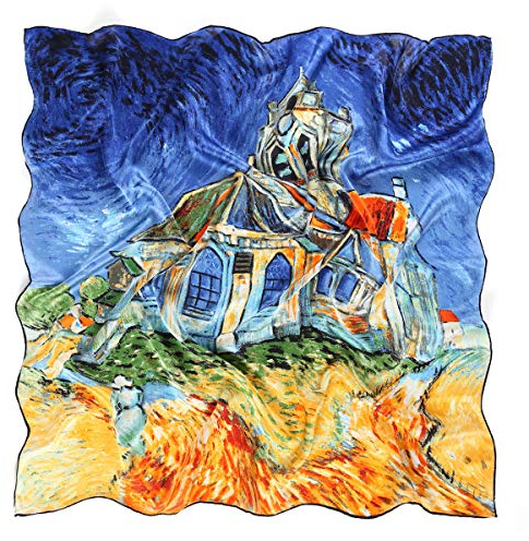 Prettystern Foulard en 90cm carré étole en Soie avec und tableau du peintre - Eglise d'Auvers P747