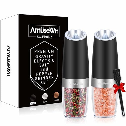 AmuseWit Gravity - Juego de 2 molinillos eléctricos de sal y pimienta [luz blanca] Molinillos de pimienta y sal automáticos que funcionan con pilas, con luz, grosor ajustable, funcionamiento con una
