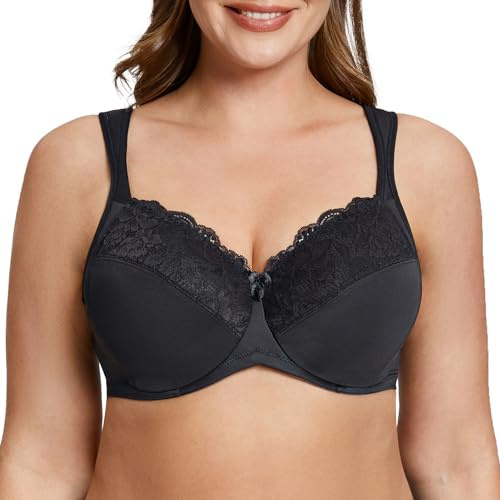 MELENECA Kvinnors Cushion Strap Full täckning Plus Size Bygel Spets Minimizer BH Schwarz 80G