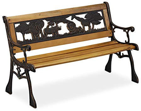 Relaxdays Kinder Gartenbank, Afrika Tier-Motiv, 50 kg Traglast, Holz, Gusseisen, HBT: 51 x 83 x 37 cm, Kinderbank, Natur