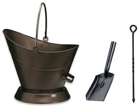 Heavy Duty Metal Fireside Waterloo Bucket Fireplace Hod Scuttle Coal Fuel Ash Wood Log Storage Option with Shovel and Poker (Bronze/Oxy Waterloo Bucket+Shovel&Poker)
