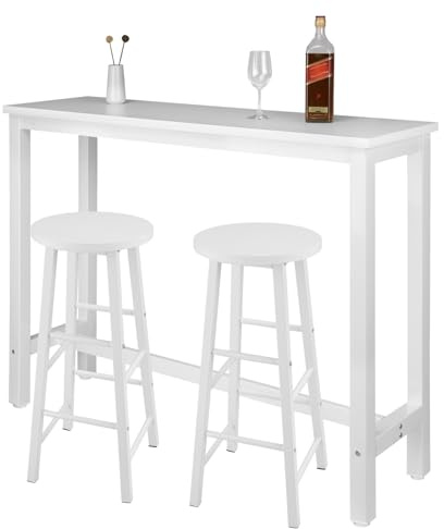 WOLTU Bartisch Set mit 2 Barhockern, 3-teilige Essgruppe mit Küchenstühlen, Esstisch & 2 Hockern aus Metall & Holz für Küchen Wohnzimmer, Weiß