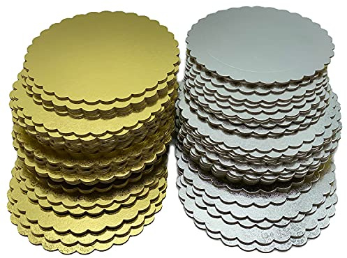 Cake Board Set Tortenunterlage in gold UND silber in 3 mm starker Pappe gemustert mit Zierrand gewellt gezack tin verschiedenen Mengen zum Servieren, Transportieren und Stapeln von Torten und Kuchen