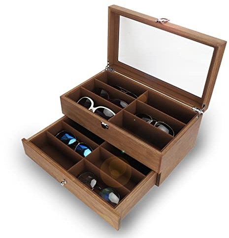 BOLORAMO 12-fach Brillenetui aus Holz mit Glasaufsatz Sonnenbrillen-Organizer 12-fach individuell unterteilter Brillen-Vitrinen-Organizer zur besseren Aufbewahrung von Brillen
