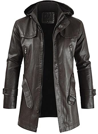 DaDuo Men Jacket Regular Fit with Hood/Stand-Up Collar Solid Color Men Leather Jacket Autumn Winter Warm Medium Length Men Transition Jacket Wind- and Waterproof Men Motorcycle Jacket B-Brown2 L